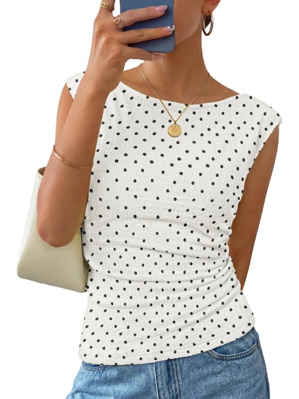 Women's White dot Cap Sleeve Boat Neck Slim Fit Pull On Casual Summer Tank Top